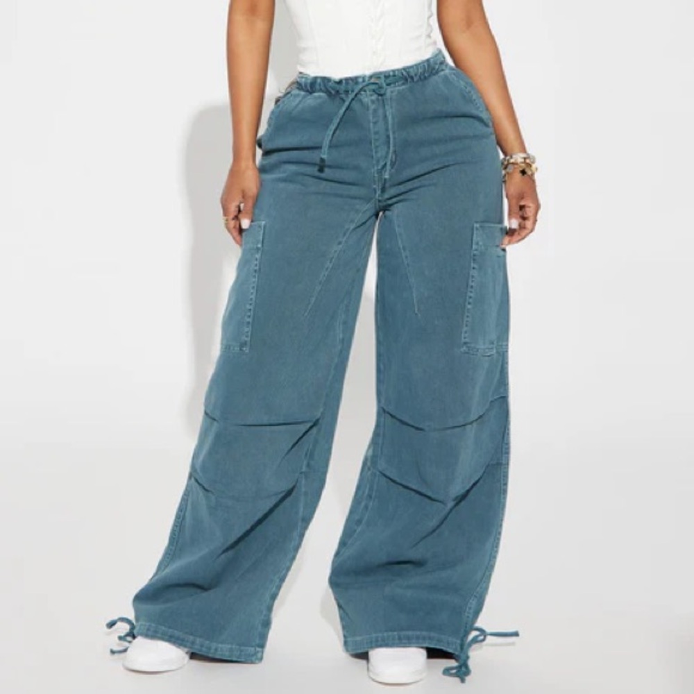 Fashion Nova Teal Cargo Jeans Don't Play Me Non Stretch Ankle Tie - 15